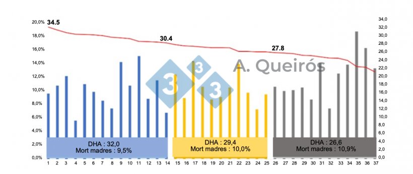 Figura 3:&nbsp;Mortalidad de cerdas seg&uacute;n la productividad de la explotaci&oacute;n. Base de datos Actualtech. Queir&oacute;s, 2022: Presentaci&oacute;n oral de Sinsui.

&nbsp;
